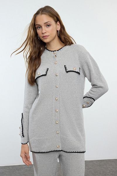 Trendyol Modest Soft Textured Gray Knitwear Towel and Top Set - Piping TCTAW25US00037