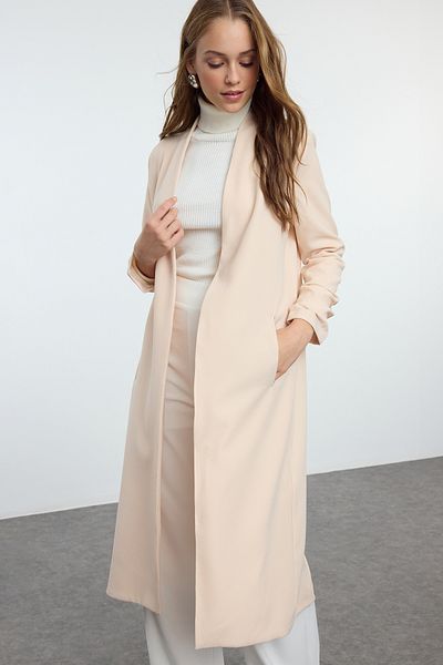 Trendyol Modest Beige gewebte Kappe – Manschetten-Kordelzug-Detail, Ferace und Abaya TCTAW25KF00015