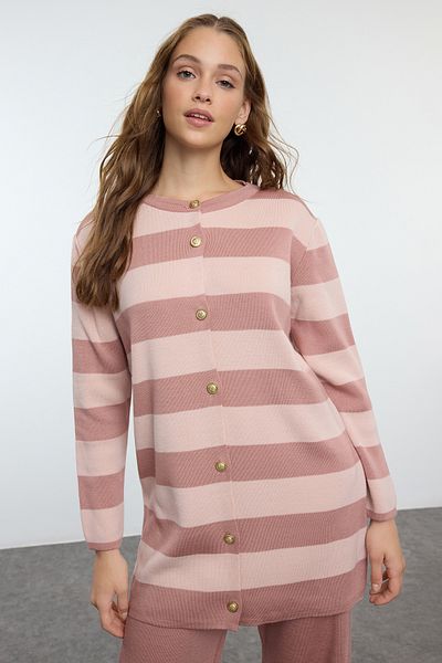 Trendyol Modest Dried Rose Striped Knitwear Cardigan and Trousers Set - TCTAW25US00034