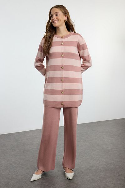 Trendyol Modest Dried Rose Striped Knitwear Cardigan and Trousers Set - TCTAW25US00034