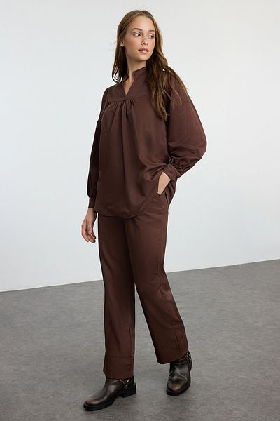 Trendyol Modest Dark Brown Poplin Belted Bottom-Top Suit Tctaw25Us00082