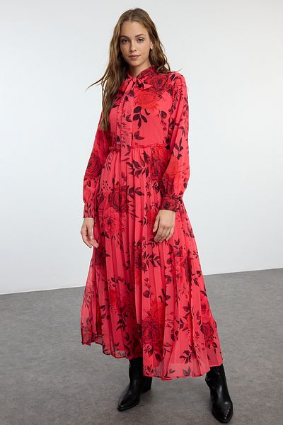 Trendyol Modest Φούξια φόρεμα σιφόν με λουλούδια - πλισέ και φόδρα Tctaw25eb00124