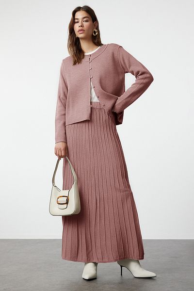 Trendyol Modest Szárított rózsa kötöttáru kardigán és szoknya szett - gombos, Tctaw24us00043