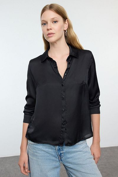 Trendyol Collection Cămașă țesătă obișnuită din țesătură din satin negru TWOAW25GO00100