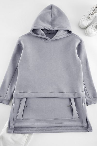 Trendyol Modest Pletená mikina – šedá s kapucí a kapsami, detail Tctaw25tw00000