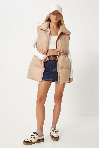 Happiness İstanbul Beige Women's Puffer Vest - Gathered Waist Fn03360