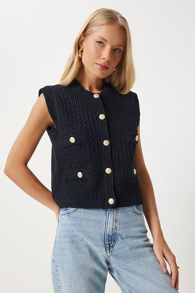 Happiness İstanbul Schwarze Strickweste – Stilvoll geknöpft, strukturiert, Damen DP00210