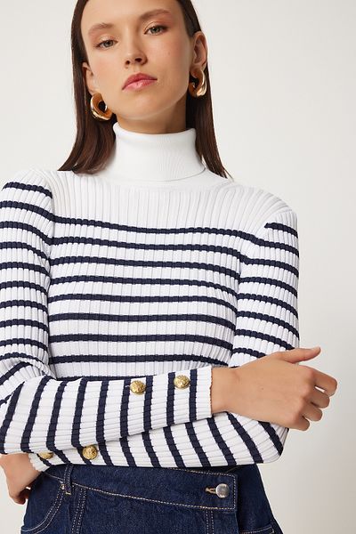 Happiness İstanbul Turtleneck Striped Women's Knitwear Sweater - Ecru Navy Blue Seasonal Fn03358