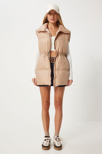 Happiness İstanbul Beige Women's Puffer Vest - Gathered Waist Fn03360