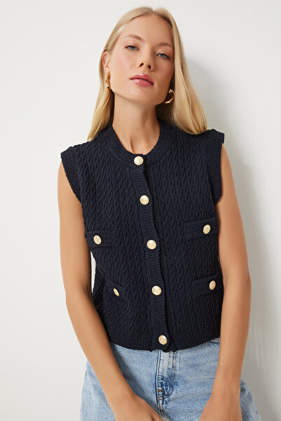 Happiness İstanbul Black Knitwear Vest - Stylish Buttoned, Textured, Women's Dp00210