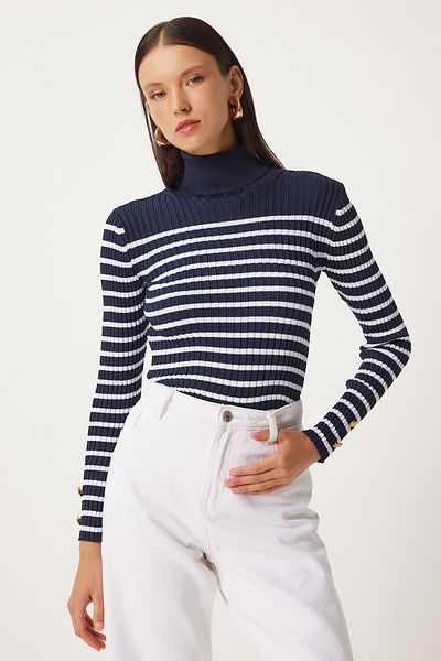 Happiness İstanbul Navy Blue Turtleneck Striped Knitwear Sweater - Seasonal Fn03358
