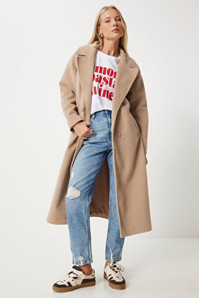 Happiness İstanbul Dámský kabát s dvojitým límcem - sušenka Dd01337