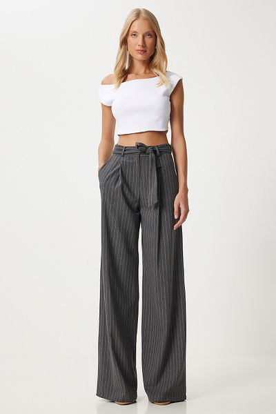 Happiness İstanbul Anthracite Women's Thin Striped Belted Trousers - Wide Leg Fn03370
