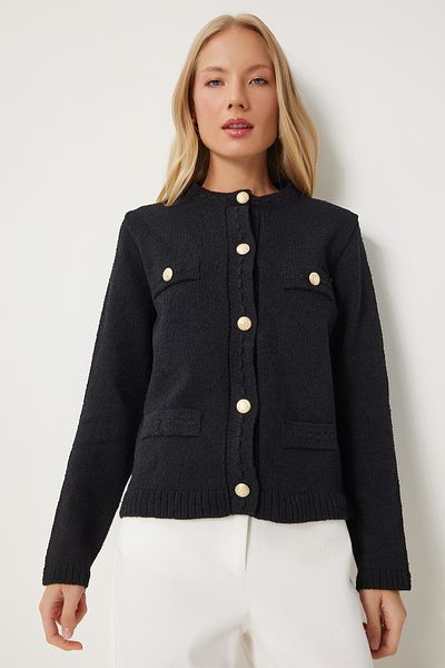 Happiness İstanbul Schwarzer Strick-Cardigan – stilvoll geknöpft, strukturiert, Damen DP00211