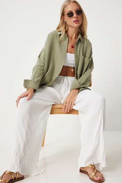 Happiness İstanbul Green Oversize Muslin Women's Shirt - Mx00150