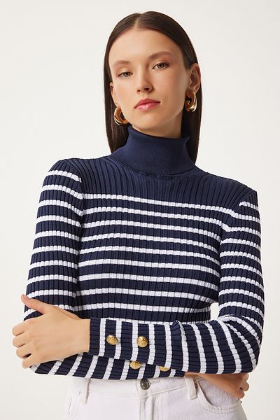 Happiness İstanbul Navy Blue Turtleneck Striped Knitwear Sweater - Seasonal Fn03358