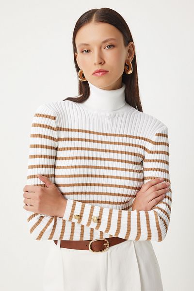 Happiness İstanbul Ecru Turtleneck Striped Women's Knitwear Sweater - Seasonal Fn03358