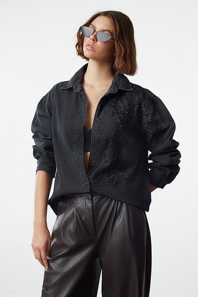 Trendyol Collection Дънкова риза - черен дантелен детайл, TWOAW25GO00080