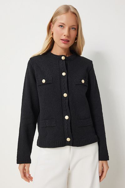 Happiness İstanbul Schwarzer Strick-Cardigan – stilvoll geknöpft, strukturiert, Damen DP00211