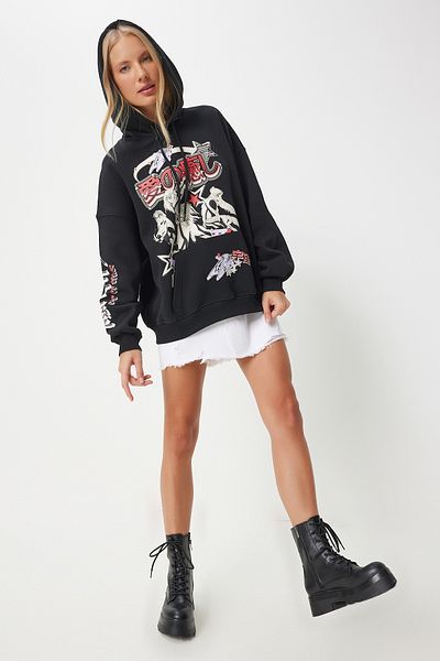 Happiness İstanbul Schwarzes bedrucktes Damen-Strick-Sweatshirt – Kapuze und Kapuze VN00013