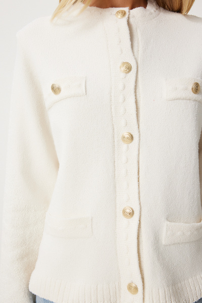 Happiness İstanbul Dámský svetr se strukturovaným úpletem – stylová kostěná barva, zapínání Dp00211