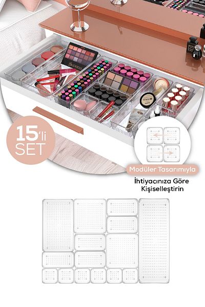 Vienev 15-Piece Drawer Organizer - Cosmetic Jewelry Accessory Multi-Purpose Organizer Organizer