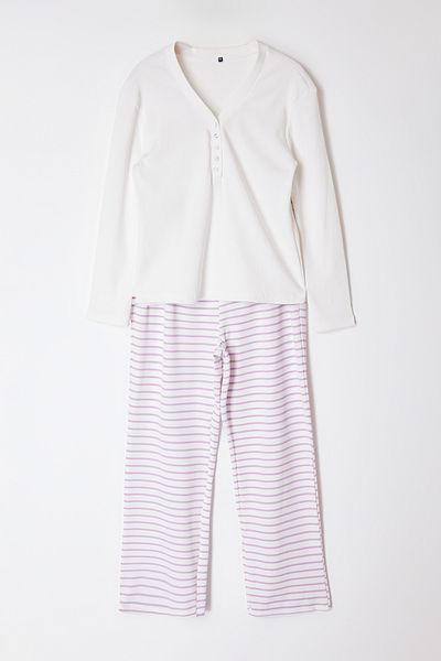 Trendyol Curve Lilac Striped Knitted Pajama Set - Snap Collar TBBAW25AI00006