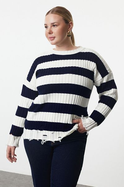 Trendyol Curve Navy Blue Striped Ecru Sweater - Destroy Detail TBBAW25AN00027
