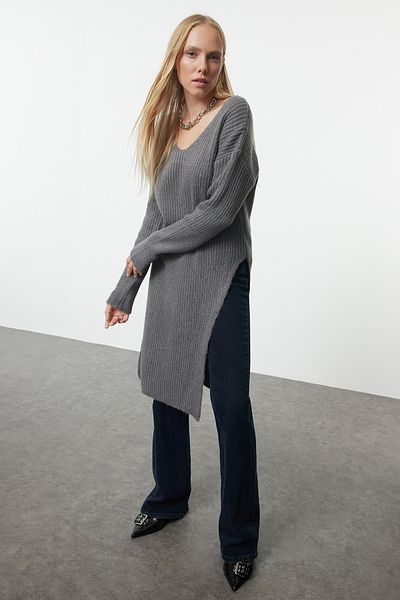 Trendyol Collection Soft Textured Anthracite Knitwear Sweater - Slit Detail, Tunic Size Twoaw25kz00121