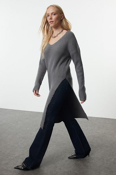 Trendyol Collection Soft Textured Anthracite Knitwear Sweater - Slit Detail, Tunic Size Twoaw25kz00121