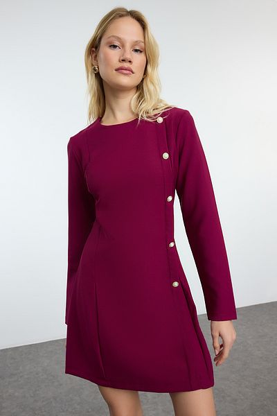 Trendyol Collection Rochie mini cu cireșe întunecate cu gât roșu - Detaliu cu nasturi, potrivire pe corp TWOAW25EL00264