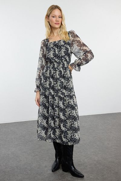 Trendyol Collection Μαύρο φλοράλ στάμπα - Maxi φόρεμα με επένδυση από σιφόν, γιακάς για σκέιτερ Twoaw25el00193