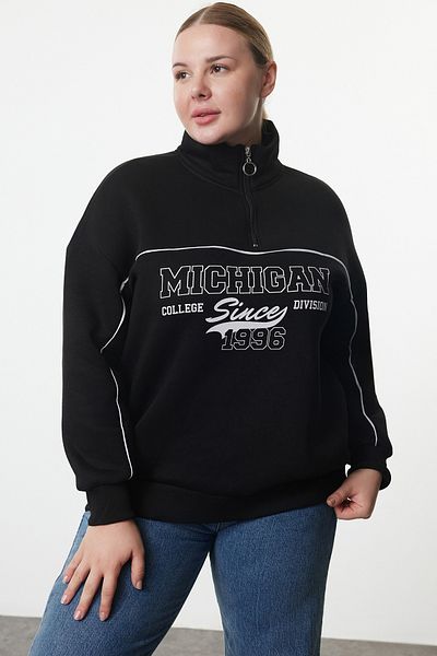 Trendyol Curve Φούτερ FleeceOversize Knitted- Μαύρο, με φερμουάρ, εμπριμέ Tbbaw25ao00029