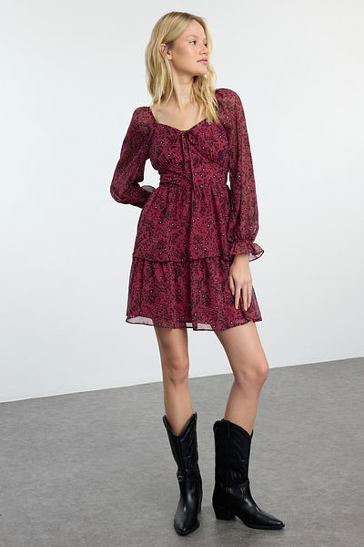 Trendyol Collection Rochie mini florală burgundă cu volane - TWOAW23EL01455