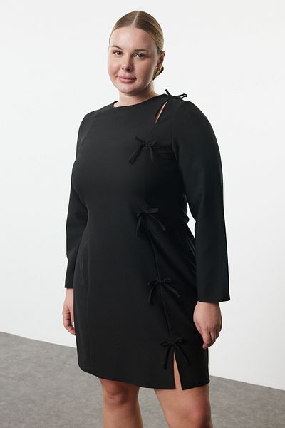 Trendyol Curve Plus Size Black Mini Dress - Bow/ Ribbon, Woven Tbbaw25Ah00048