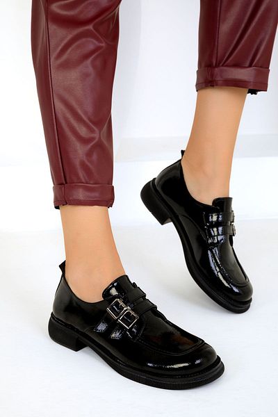 SOHO Black Patent Leather White Women's Loafer Shoes 19537