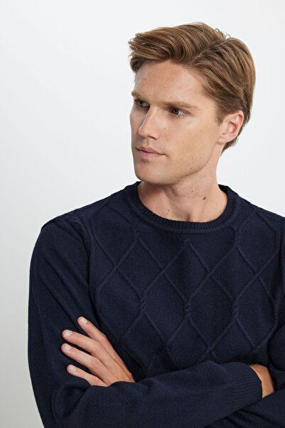 ALTINYILDIZ CLASSICS Erkek Lacivert Standart Fit Normal Kesim Bisiklet Yaka Şardonlu Yumuşak Dokulu Triko Kazak