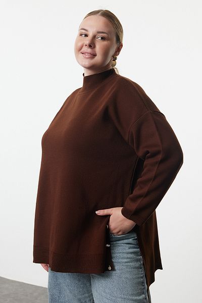 Trendyol Curve Turtleneck Sweater - Brown, Button Detailed TBBAW24AN00076