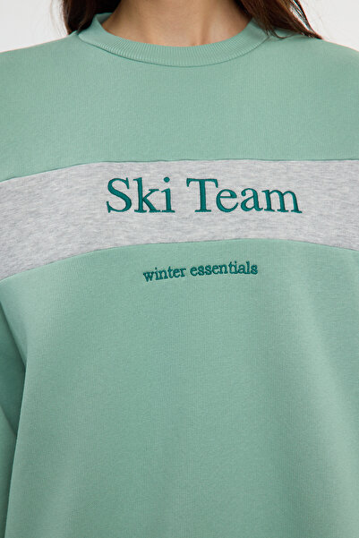 Trendyol Collection FleeceSloganVyšívanáMátováRegular Pletená mikina- Twoaw24sw00117