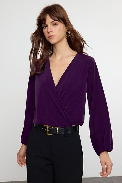 Trendyol Collection Flexible Dark Purple Slim Fit Knitted Blouse - Double Breasted Collar Twoaw20bz0810