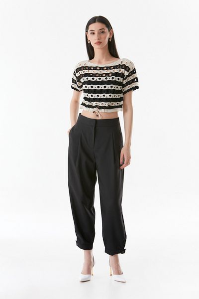 Fulla Moda Striped Openwork Waist Lace Up Crop Blouse