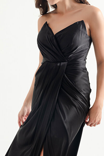 Lafaba Černé saténové dlouhé večerní šaty bez ramínek – ženy