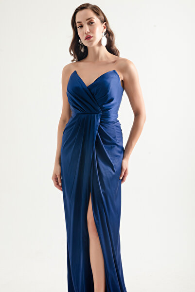 Lafaba Námořnické modré saténové večerní šaty bez ramínek – dámské dlouhé šaty