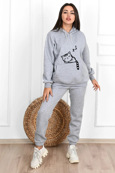 Pink Sky Σετ αθλητικής φόρμας Oversize Cat Printed - Με κουκούλα