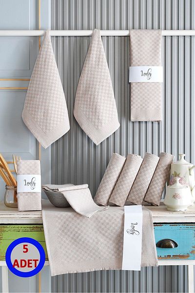 LADYNİL Set de 5 servetele de bucatarie din bumbac cu model damasc bej