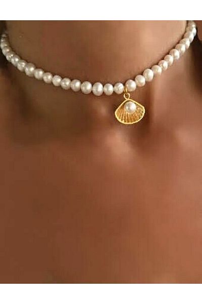 PETEK AKSESUAR Women's White Pearl and Shell Choker Necklace