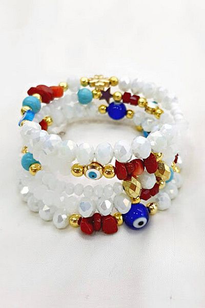 PETEK AKSESUAR White Crystal Coral Turquoise Evil Eye Wrap Bracelet
