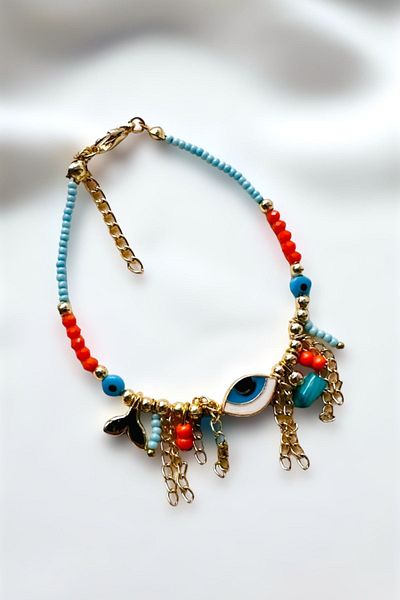 PETEK AKSESUAR Coral Color Naazar Eye Tassel and Wrist Natural Stone