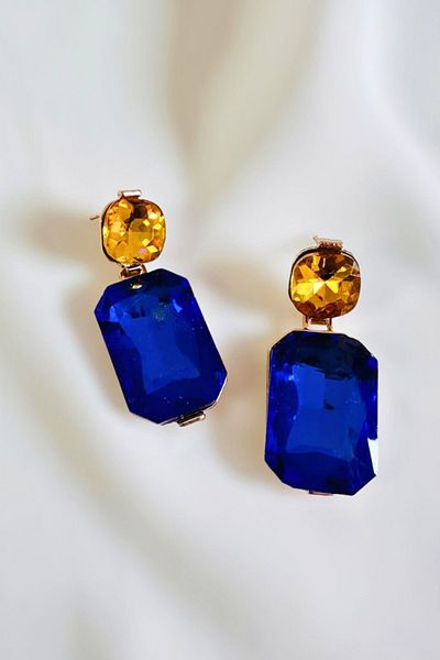PETEK AKSESUAR Dark Blue Jewelled Yellow Drop Earrings