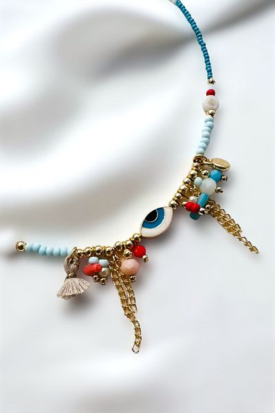 PETEK AKSESUAR Coral Colored Naazar Eye Tassel Natural Stone Necklace